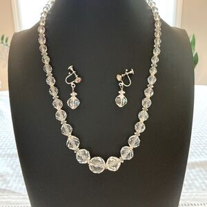 Aurora Borealis Vintage Rock Crystal Bead Necklace and Earrings Set